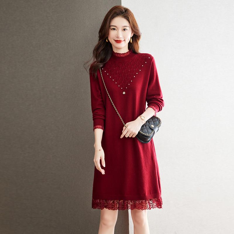 蕾丝针织洋装毛衣女秋冬中长版宽松A字裙打底衫大尺码女装羊毛衫
