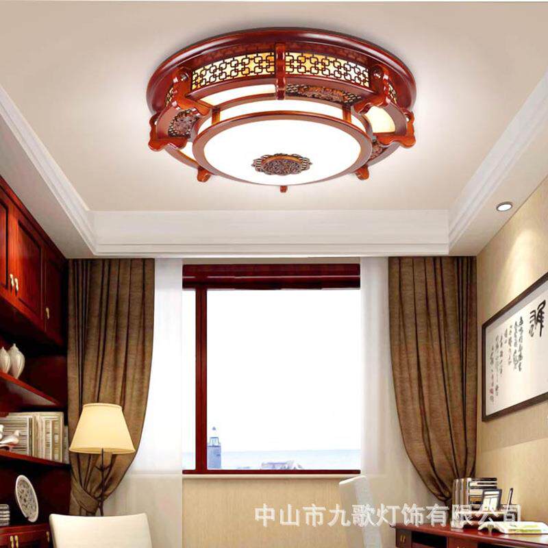 新中式木艺吸顶灯圆形客厅灯中国风大气梅花实木led仿古中式灯具