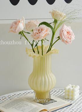 中古玻璃花瓶客厅插花高级感百褶裙法式覆古琉璃摆件餐桌软装饰品