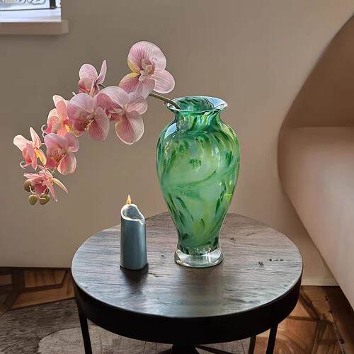 绿色珠光玻璃花瓶 高品质花器客厅桌面插花水养装饰摆件中古