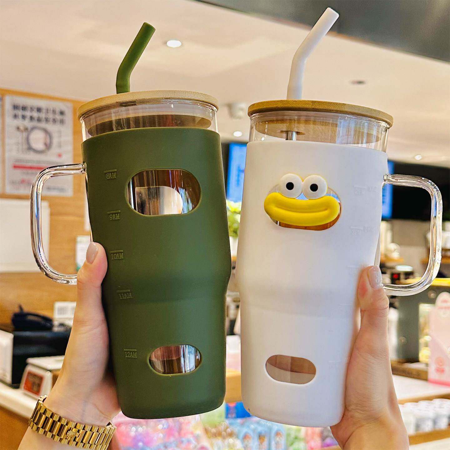 耐高温大容量饮水杯高颜值吸管杯子高硼硅玻璃杯带把手冰霸杯户外