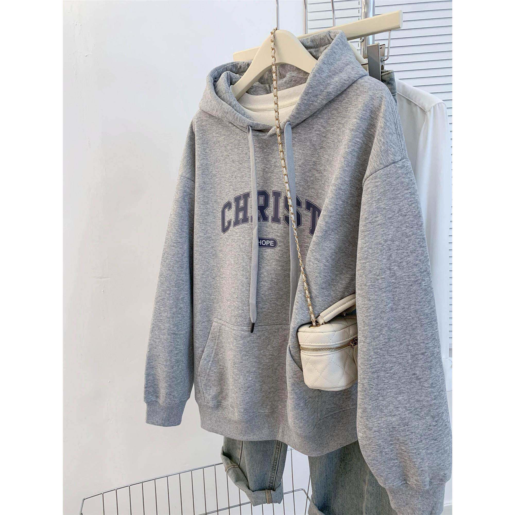 潮牌灰色连帽卫衣女2025春秋冬新款宽松加绒加厚慵懒风小个子上衣