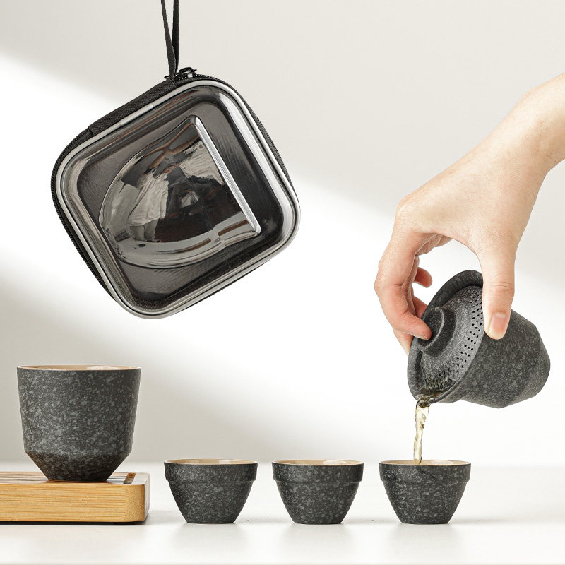 青石釉旅行茶具快客杯一壶四杯便携式收纳包户外茶具定制喝茶装备
