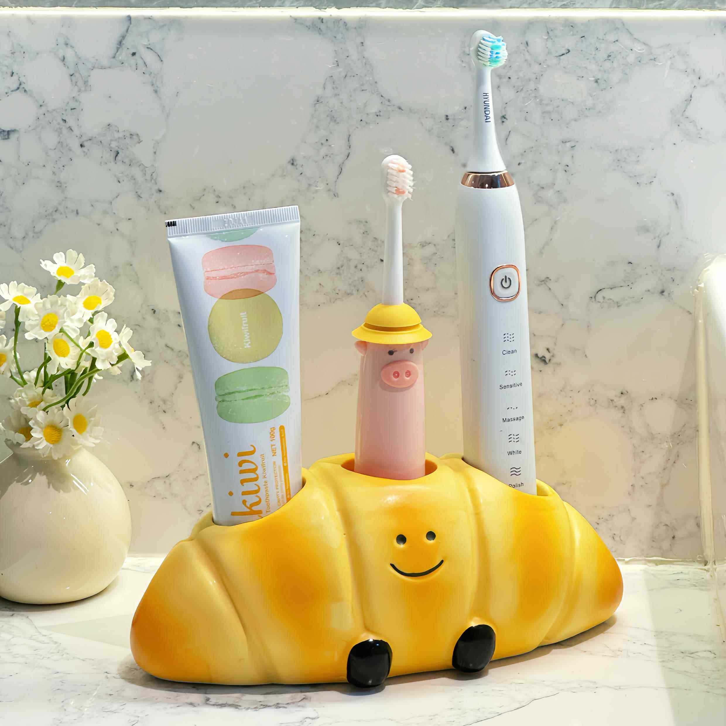 可爱可颂陶瓷电动牙刷置物架化妆室洗手台洗漱台牙膏牙刷底座