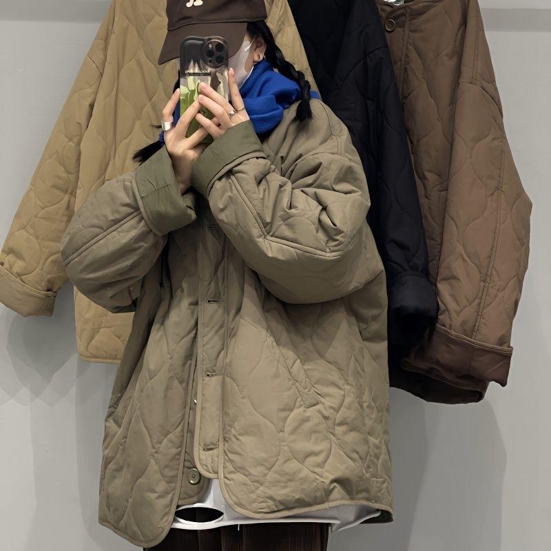 2025冬季韩版复古宽松休闲棉衣外套女轻薄圆领菱形格时尚长袖棉服
