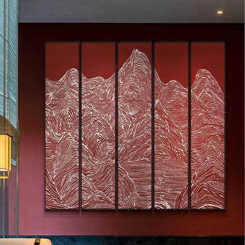 新中式客厅沙发背景装饰画《千峰竞秀》酒店餐厅浮雕肌理多联挂画