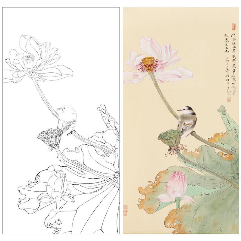 任重工笔画白描底稿荷花《浮香华池图》临摹勾线高清打印稿YL16