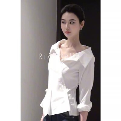 Rixo Kelly斜边扣露肩长袖衬衫新款设计感纯欲修身收腰女衬衣上衣