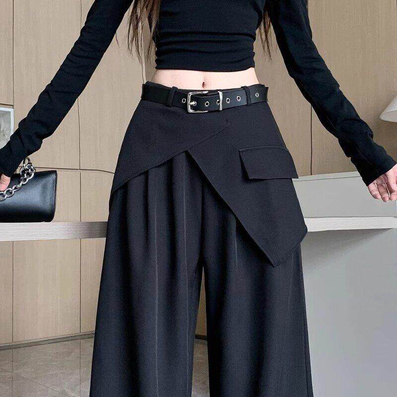 设计感不规则拼接假两件阔腿西裤女春秋季新款高腰垂感显瘦休闲裤