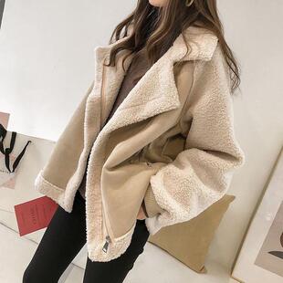 冬装2025新款chic宽松皮毛一体麂皮绒外套女短款羊羔绒机车服夹克