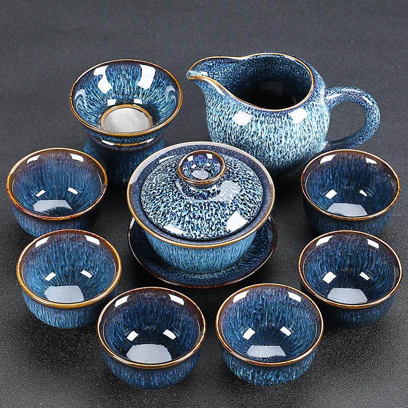 蓝色功夫茶杯茶具套组家用2025新款陶瓷泡茶壶盖碗办公专用会客