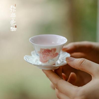 弥言纯手绘牡丹茶杯带杯垫手工陶瓷花瓣功夫茶具高档茶艺茶杯家用