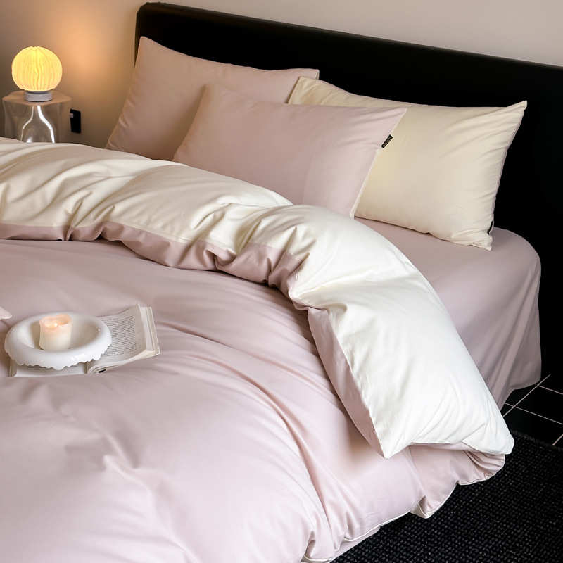 简约风纯色双拼S100纯棉长绒棉四件套高级感秋冬季全棉磨毛床品