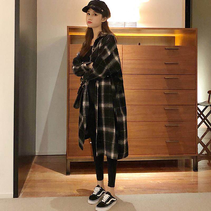 慵懒风格子衬衫女春秋新款复古港味设计感小众中长款休闲长袖外套