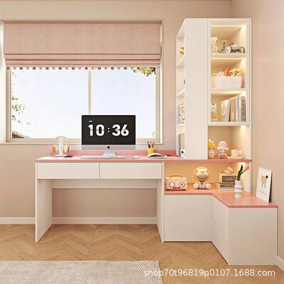粉色公主儿童房书桌书柜一体学习桌小户型女孩卧室床头书架写字桌