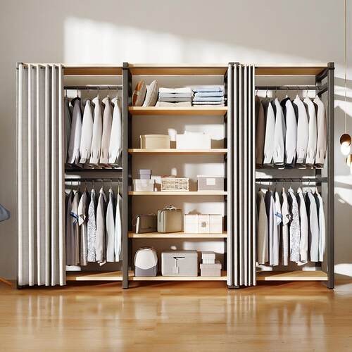 简易衣柜家用卧室防尘布衣橱钢木加厚组合衣架小户型落地式挂衣架