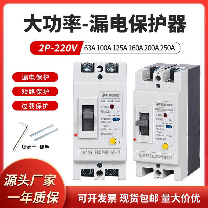 上海人民漏电断路器 大功率单相220V家用漏保空气开 关闸刀2P250A