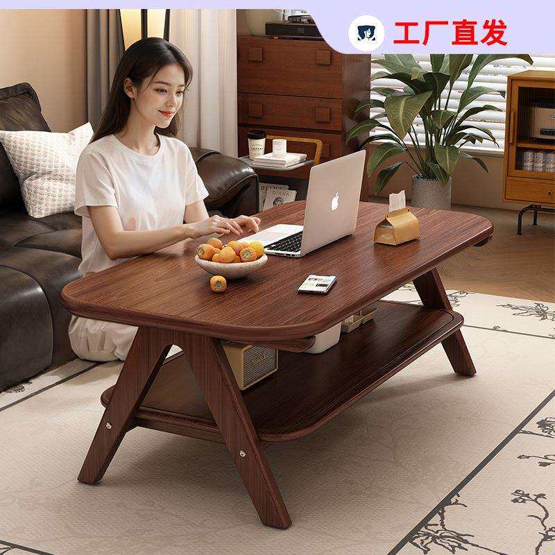 全实木茶几客厅家用2026新款小户型沙发茶桌简易双层中古风小桌子