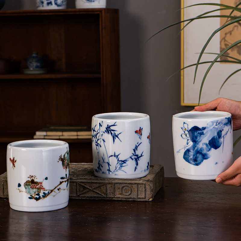 景德镇手绘陶瓷笔筒新中式筷子筒陶瓷小花瓶插花多功能陶瓷摆件纯