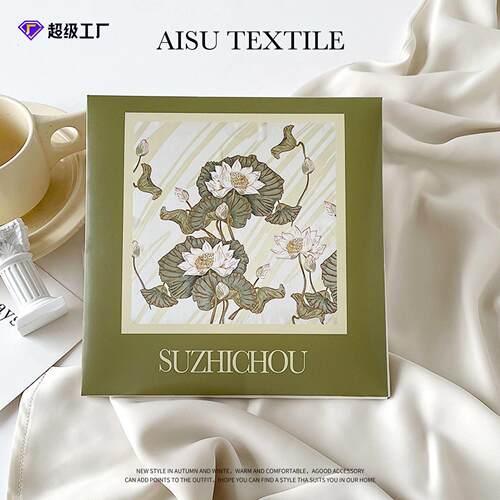 Silk scarves square scarves green lotus flowers 丝巾方巾绿色