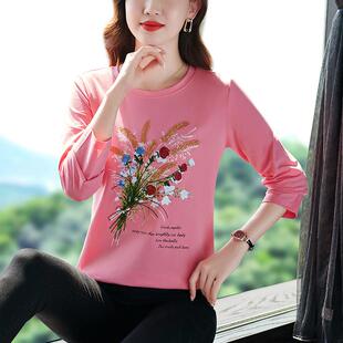 纯棉灰袖恤女色刺NEU长绣妈妈装年新款女春秋圆领内搭打底衫