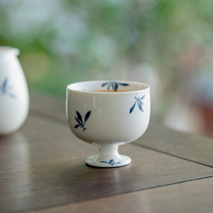 纯手绘蝴蝶兰花高足罗汉杯家用品茗杯茶杯陶瓷主人杯单个功夫茶具