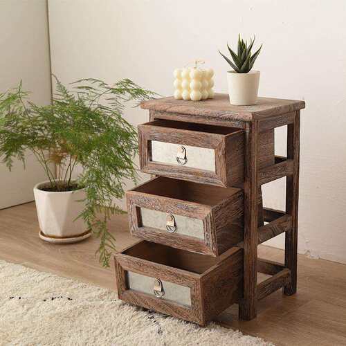 烧色收纳柜三层木质抽拉式柜子实木收纳复古木质床头柜木制置物柜