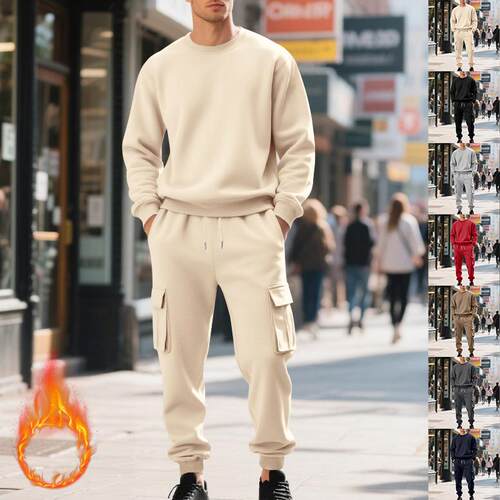 Men's fleece round neck sweatshirt set, long sleeved