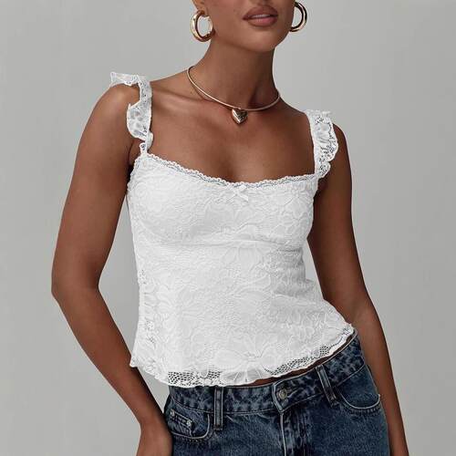 Womens Fit Cami Tops Sleeveless Open Back Low Cut Lace