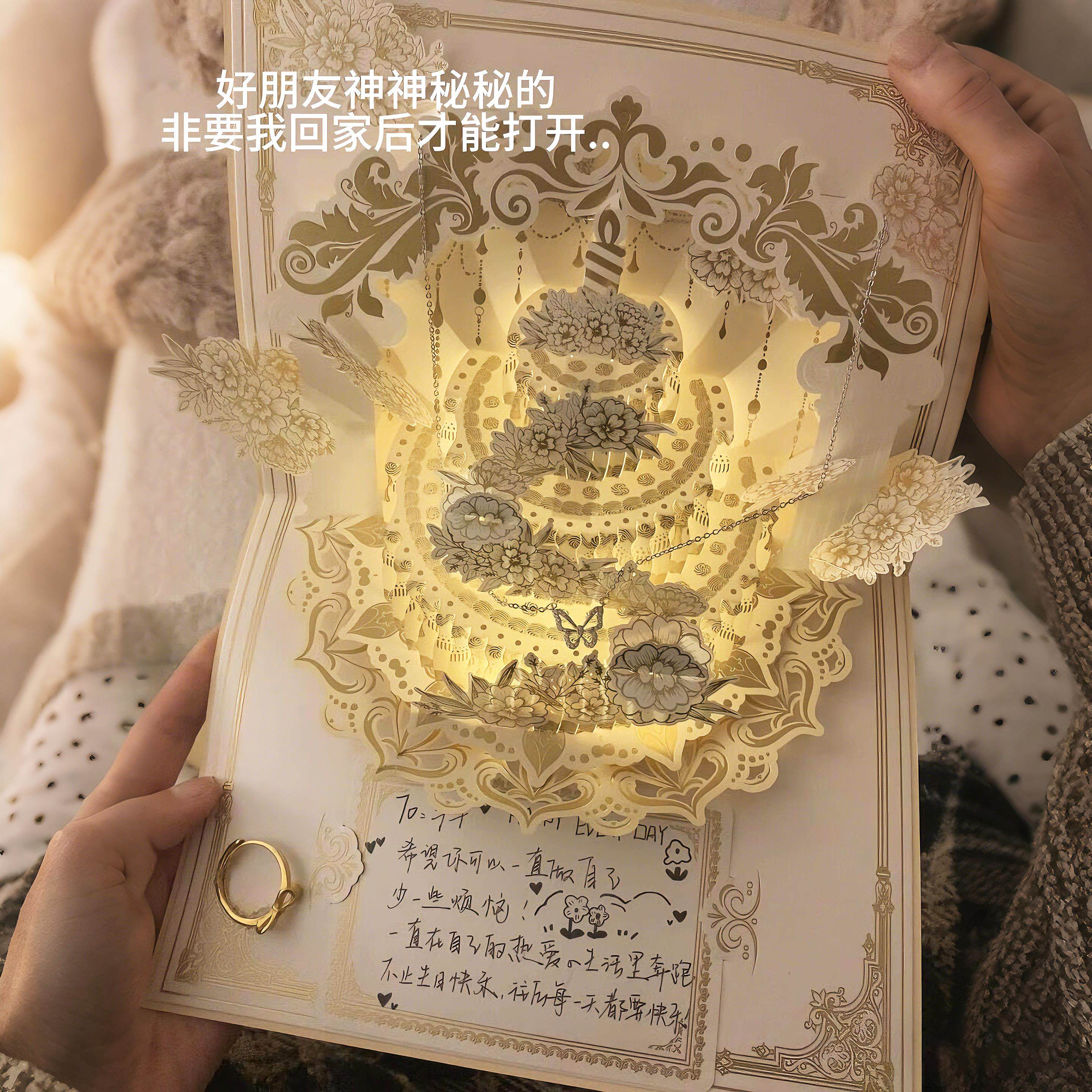 立体蛋糕生日贺卡高级感可藏戒指镂空雕刻卡片送女朋友仪式感礼物