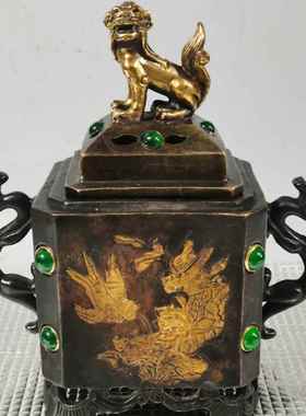 仿古铜鎏金双耳貔貅四足方鼎香炉摆件古玩古董