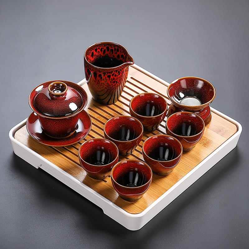 高档功夫具套装陶瓷窑变简整约家用办公壶盖碗茶茶杯茶道套琥珀红