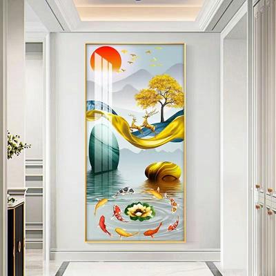 进门入户东墙玄关正对门装饰画走廊过道墙壁挂画九鱼图晶瓷画高级