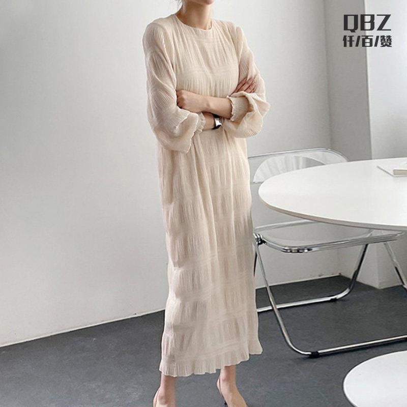 雪纺洋装女春秋长袖2024新款覆古灯笼袖圆领长版气质内搭长裙子