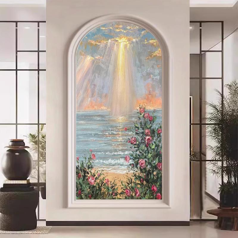 美式复古玫瑰花海弧形玄关壁布拱形过道风景壁画墙布画进门墙壁纸