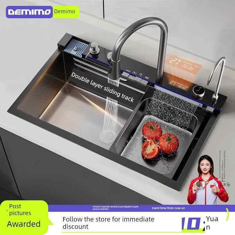 厨房水槽大型单槽304不锈钢鲸鱼雨舞瀑布智能数控数字显示集成蔬,家装主材,智能水槽,淘宝优惠券,粉丝福利购,淘宝优惠卷