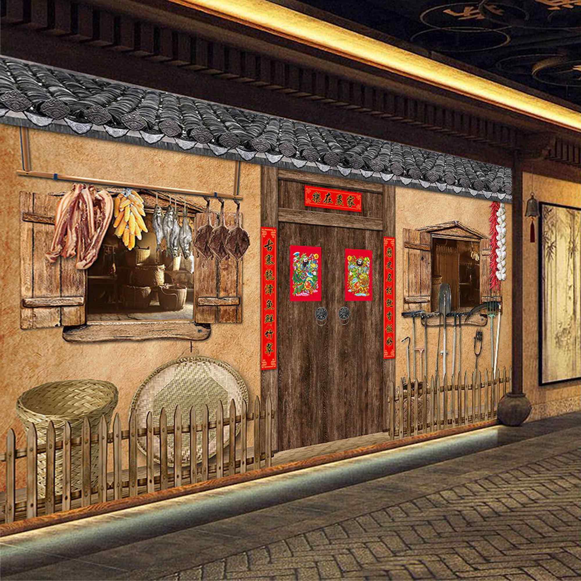 农村老房子墙纸农家乐饭店背景墙3D彷古茅草屋壁画铁锅炖装修壁纸