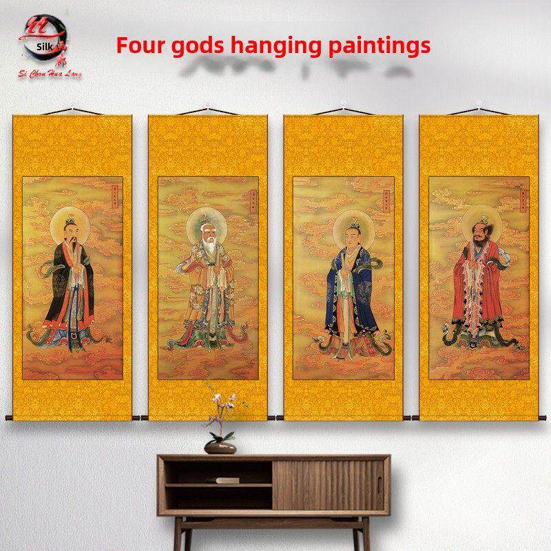 中国画人物挂画四神画像入口客厅中国装饰画绢卷画书画