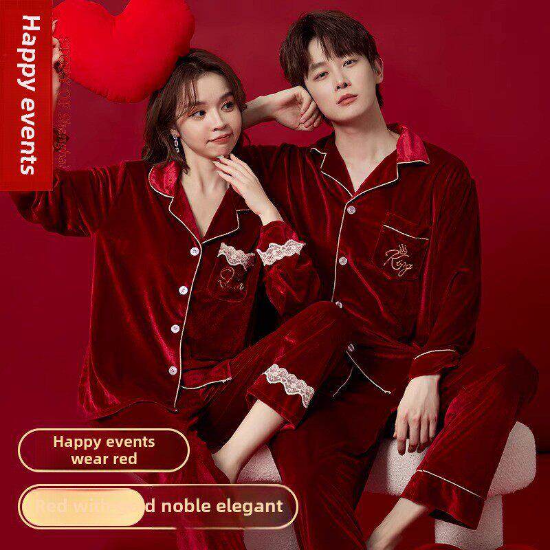 秋冬新红色新婚夫妇睡衣金丝绒新娘礼服婚纱套装
