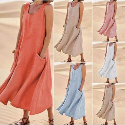 Pocket sleeveless women's cotton and linen dress