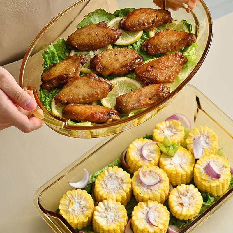 耐热玻璃烤盘透明冰箱带盖板玻璃保鲜盒鱼盘微波炉烤箱专用密封盒