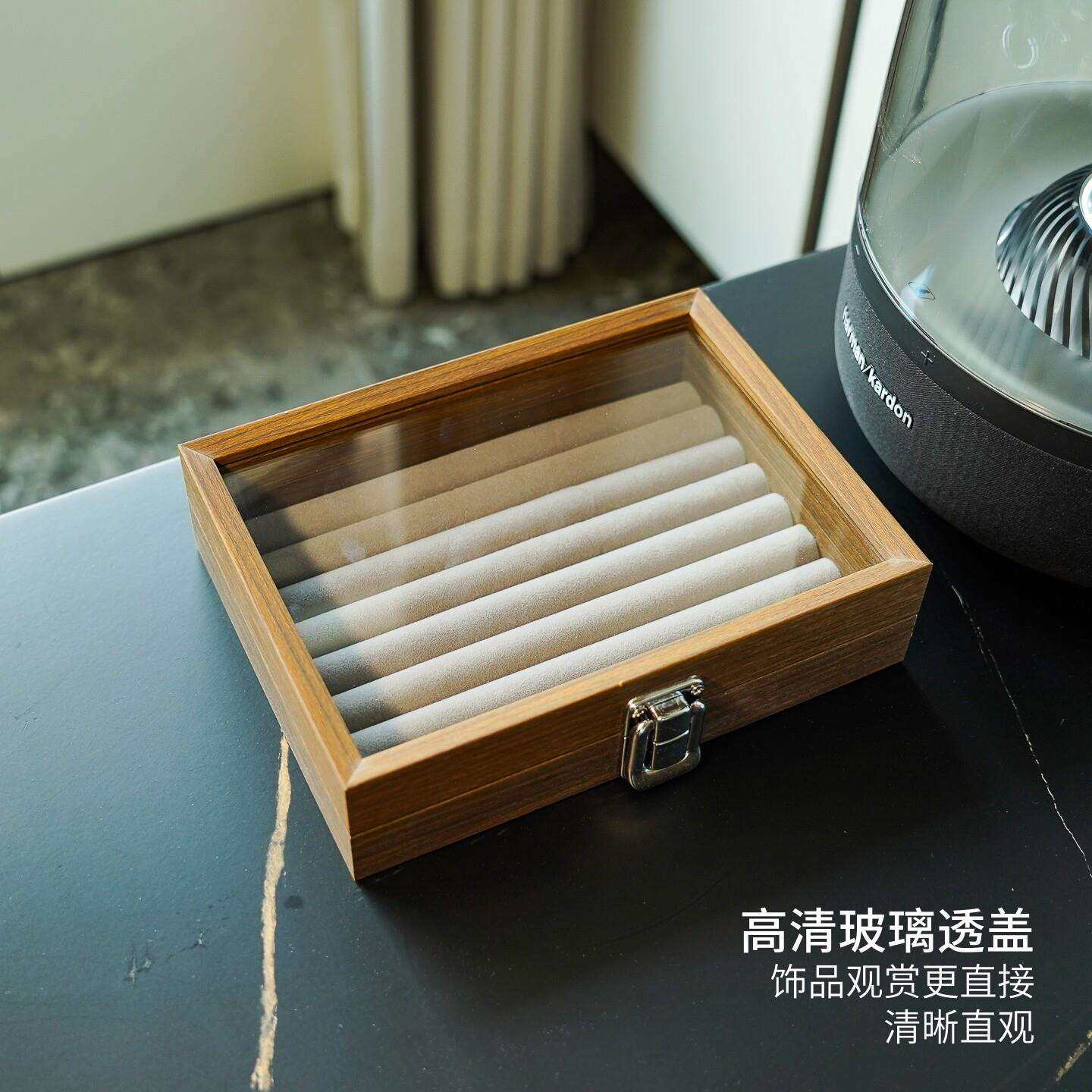 胡桃木纹木质小号8条戒指耳陈环首5饰饰收黑纳盒品展示收藏箱列盒