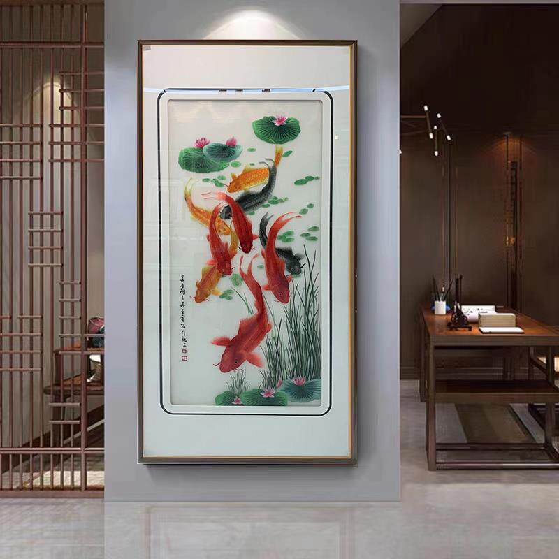 苏绣成品挂画山水纯手工苏州刺绣装饰画真丝玄关新中式竖版墙壁画