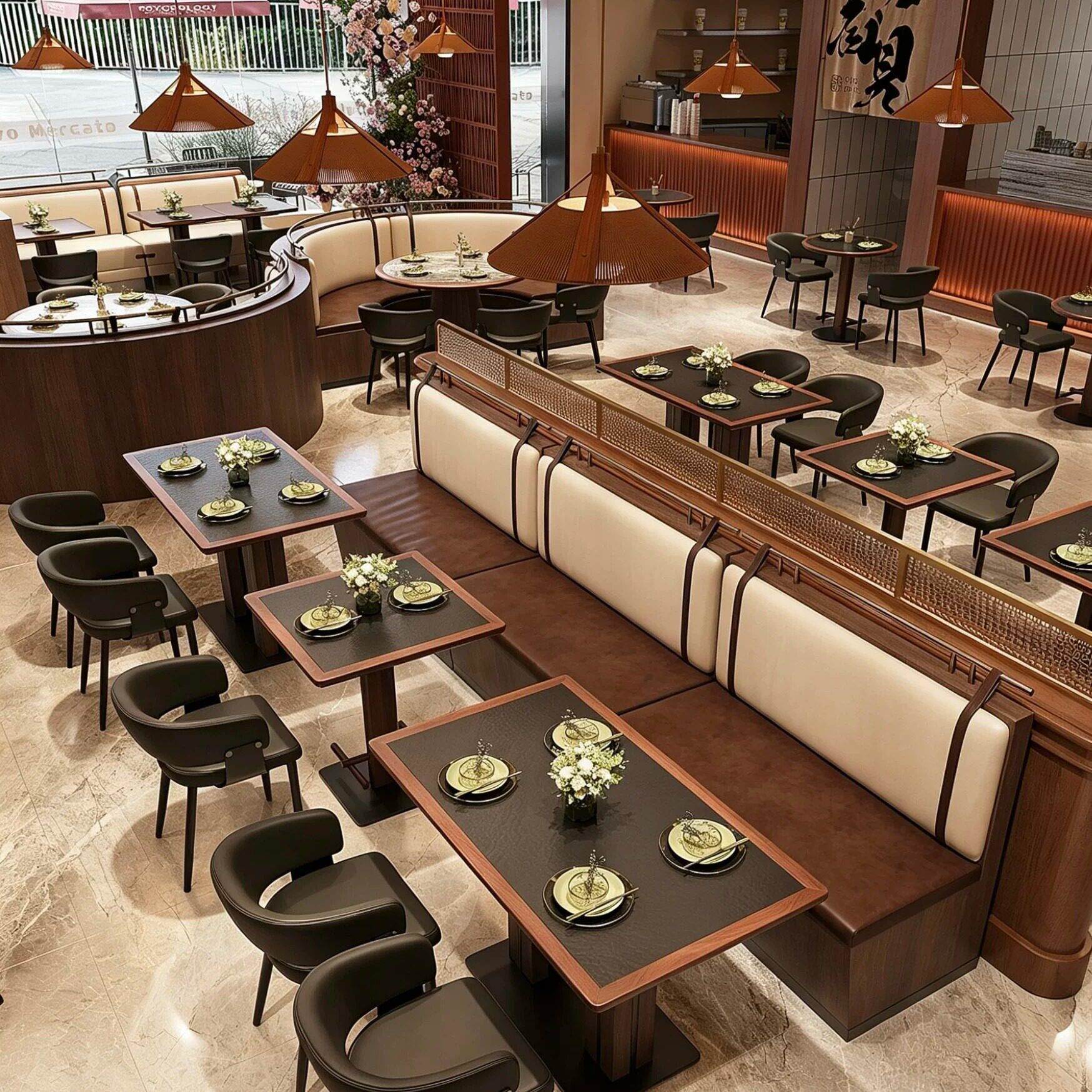 复古西餐厅茶楼餐吧饭店桌椅组合软包靠墙半圆弧形商用卡座沙发