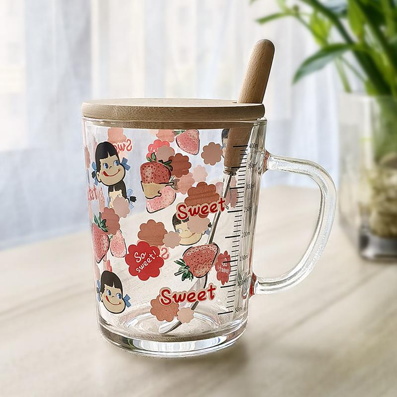 早餐家用儿童牛奶杯带盖勺吸管水杯小孩可爱刻度豆浆带把玻璃杯子