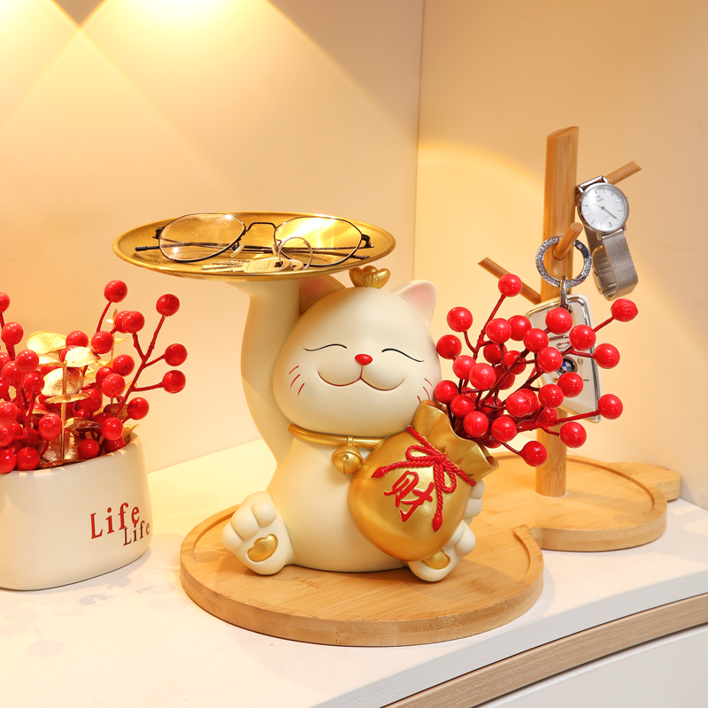 入户招财猫摆件新居乔迁礼品玄关客厅布置装饰品进门钥匙收纳托盘