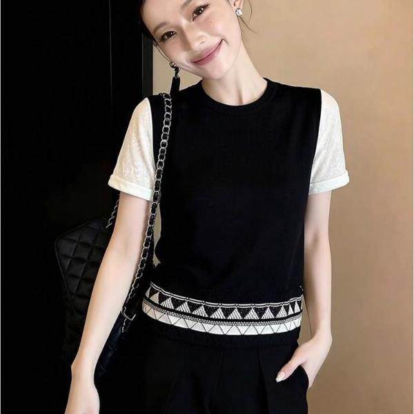 潮牌今年流行新款黑色假两件拼接提花T恤女装时尚高级感休闲上衣