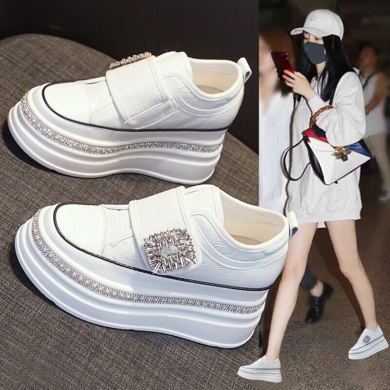 身高增加8cm ~身高增加女鞋春夏真皮莱茵石厚底小个子休闲运动鞋