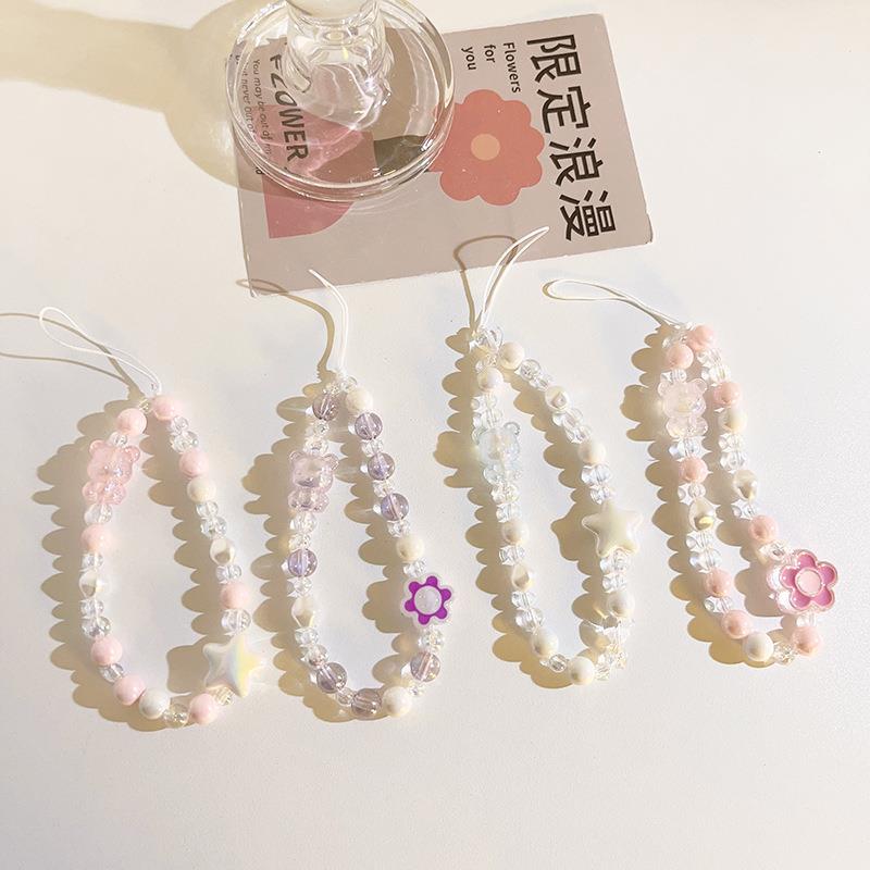 少女心ins粉色花朵小熊水晶串珠链条甜美可爱手机挂绳ccd相机挂件