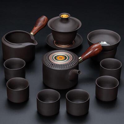 紫砂功夫茶具套组家用客厅侧把泡茶壶轻奢高档茶杯办公室会客喝茶